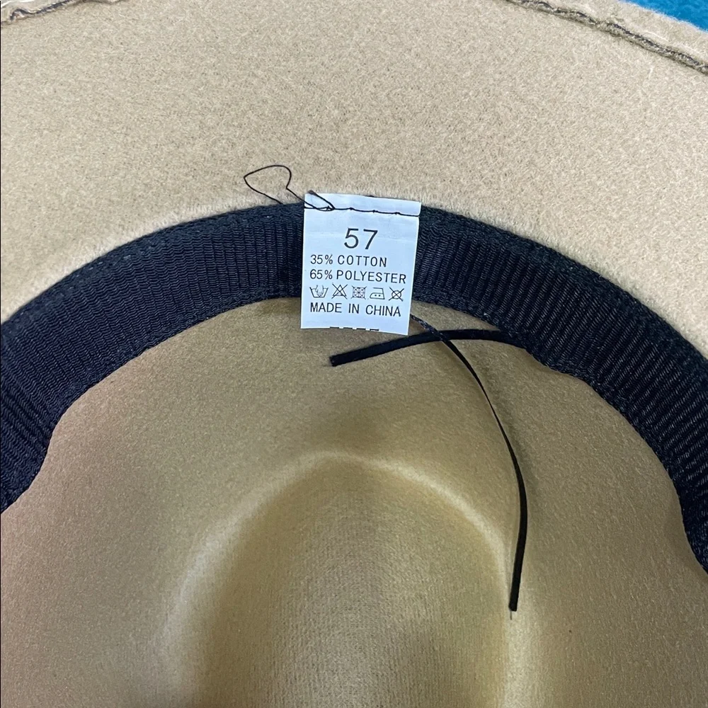 Tan Women's Felt Fedora Western Cowboy Hat Cream Belt Feather Accent